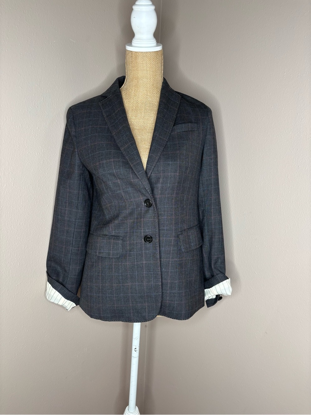 Hh hhh Hilfiger Tailored Slate Gray Plaid Two-Button Wool Blazer Size 2